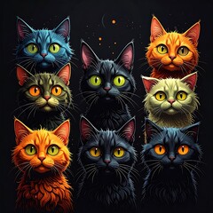 Nine diverse cats, close-up portraits
