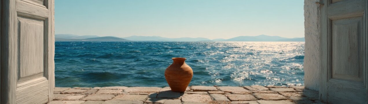 A serene view of the ocean through open doors, with a terracotta water jar positioned on a stone walkway, showcasing a peaceful and tranquil atmosphere.