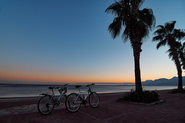Fototapeta premium A tranquil beach view at sunset with bicycles under palm trees reflecting relaxation and serenity.