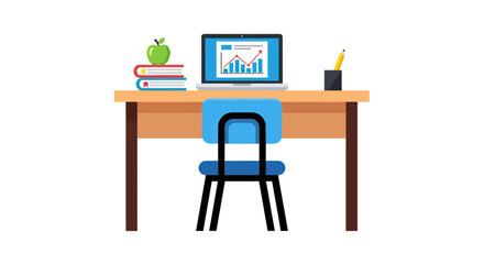 Wooden desk with laptop displaying financial charts books and an apple.