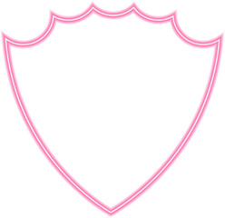 Shield emblem incorporating scrolled decorative elements, outlined in neon red for a distinctive dynasty-inspired design.