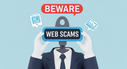 Robot in a suit holding a sign warning about web scams and cyber fraud. Concept of cybersecurity and online protection.