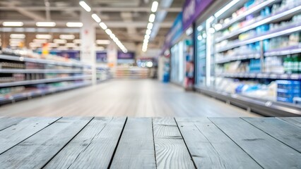 Wooden Table in Blurred Supermarket with Rows of Shelves and Refrigerated Displays
