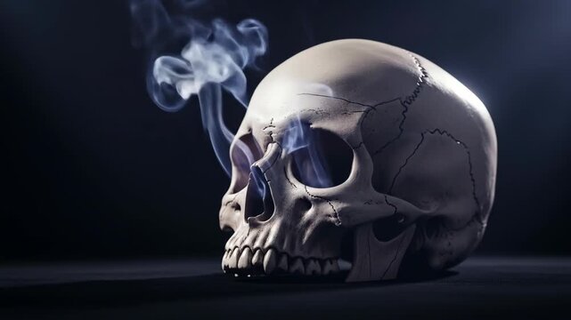 Human skull with smoke emerging from eye sockets against dark background