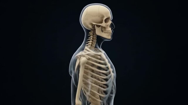Complete human skeleton in full view standing on dark background.