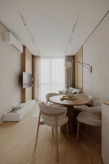 Bright dining and kitchen space in a modern apartment with large windows and warm wooden finishes.