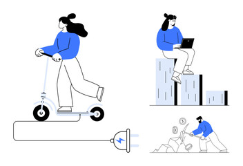 Woman riding electric scooter, person with laptop on graph blocks, man saving money. Ideal for mobility, sustainability, education, progress, finance innovation independent lifestyle. Simple flat