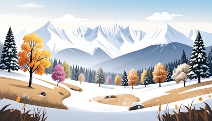 Cartoon winter scenery with snow-capped mountains and colorful autumnal trees in a valley