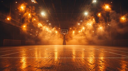 Dramatic Basketball Court with Fog and Lights, Empty Indoor Arena, Sports Venue, Competition, and Championship Atmosphere