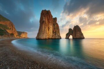 Dramatic coastal scene at sunrise, featuring towering rock formations and a tranquil turquoise sea.