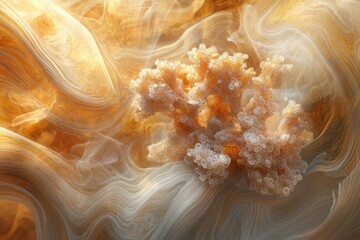 Abstract image of coral-like structure amidst swirling, translucent, golden-brown fluid.