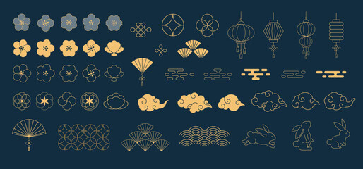 Gold objects and decoration of Chinese Mid Autumn Festival with Chinese texts on dark blue background. All in banner vector design and Chinese texts is meaning Happy mid autumn festival in English.