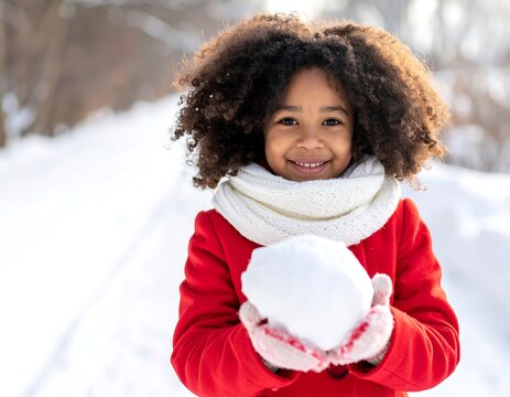 Child in snow, smiling, holding snowball - Powered by Adobe