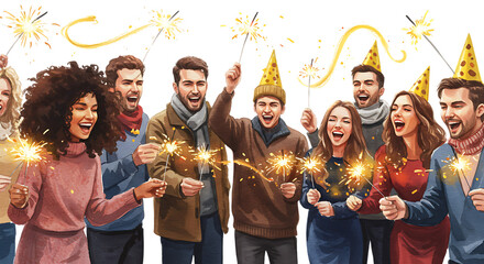 Watercolor New Year Celebration Illustrations on White Background