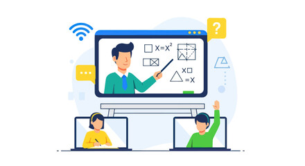 Online Math Class: Teacher and Students in Virtual Classroom.