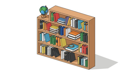 Isometric Illustration of a Wooden Bookshelf with Books and Globe.