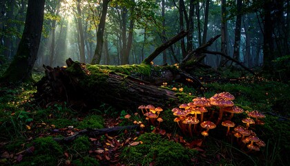 Sun streams through a leafy forest in the early morning