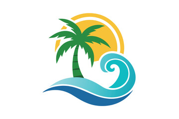 Green palm tree stands against yellow sun and curling ocean wave forming coastal scene