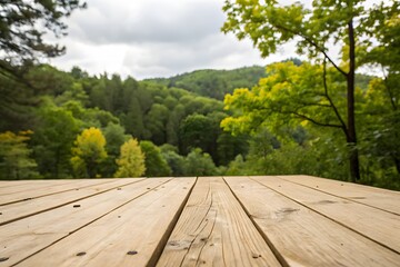 Wooden Table Surface With Blurred Forest Hills And Cloudy Sky planks table top
