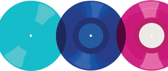 Three translucent vinyl records in different colors cyan, dark blue, and pink, overlapping against a white background