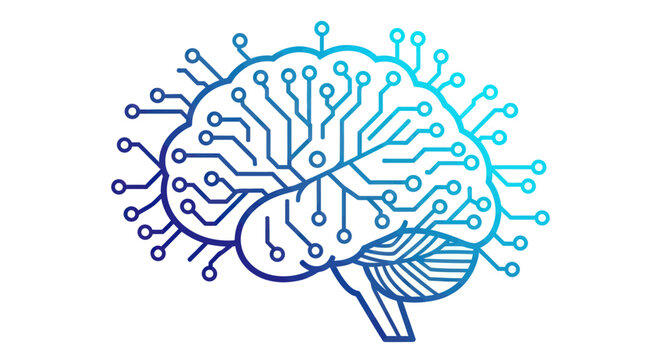 Stylized digital brain with circuit board connections and glowing nodes.