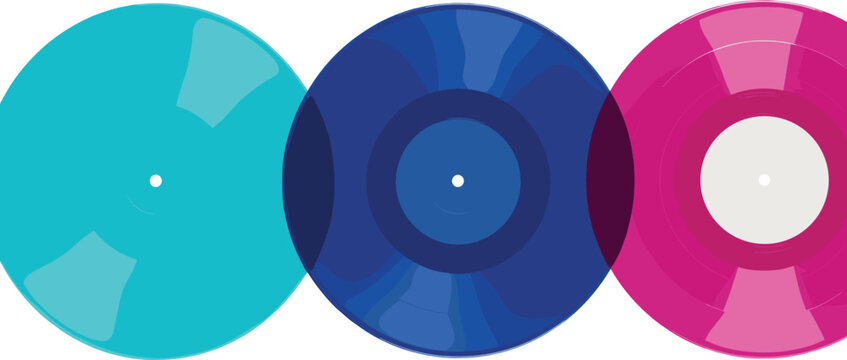 Three translucent vinyl records in different colors cyan, dark blue, and pink, overlapping against a white background