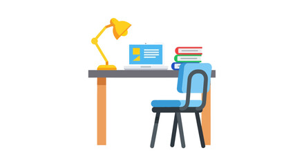 A modern desk setup with a laptop lamp and stack of books.