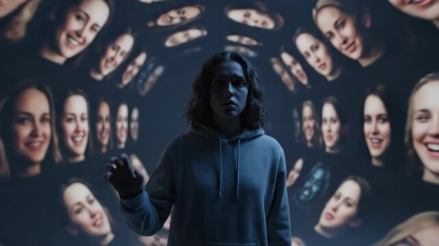 Surreal scene of person in room with floating faces and mysterious expressions