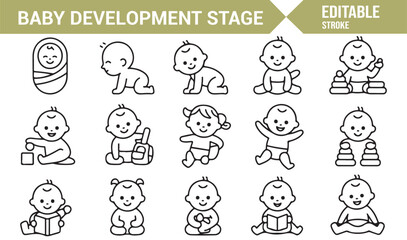 Vector icons of newborn, crawling, and toddler stages for child development