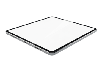 Low-angle macro, tablet; aluminum, black bezels, white screen on transparent. Dramatic studio lighting, concept of refined engineering
