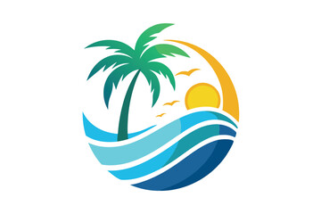 Serene tropical island features blue ocean waves, palm tree, yellow sun, and soaring birds