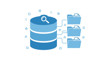 Blue Database Server with Magnifying Glass and Folders.