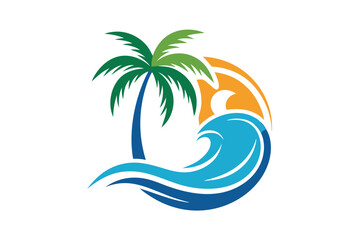 Stylized palm tree and blue ocean wave encircle a glowing orange sun icon