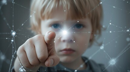 Child touching glowing digital network connection, symbol of future technology, artificial intelligence, innovation, education, imagination and human interaction with data and science
