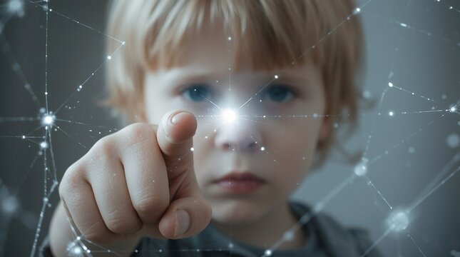 Child touching glowing digital network connection, symbol of future technology, artificial intelligence, innovation, education, imagination and human interaction with data and science