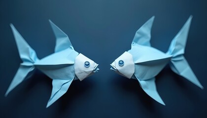 Two origami fish face each other on dark blue background. Paper folding art creates aquatic creatures. Simple craft design for decor. Handmade elegance.