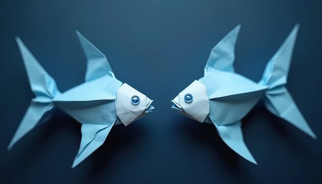 Two origami fish face each other on dark blue background. Paper folding art creates aquatic creatures. Simple craft design for decor. Handmade elegance.