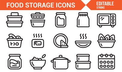 Food preservation and container icons collection in black line style
