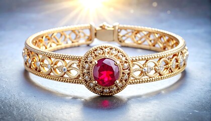 Ornate gold bracelet with red gemstone center & delicate diamond accents on gray surface
