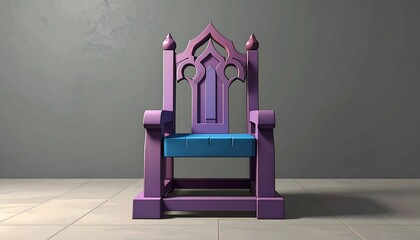 A purple throne with blue cushion is set on a tiled floor against a gray backdrop
