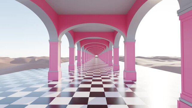 3D colonnade with pink columns standing in a desert over a black-and-white checkered floor. Surreal architectural animation creating an abstract futuristic background for minimal motion design