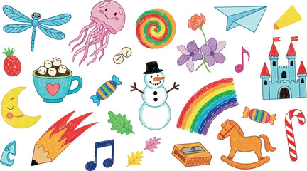 Vector art of collection of colorful cartoon icons and symbols