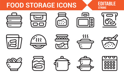 Editable stroke food storage icons set of jars, containers, and kitchenware
