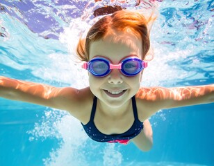 Child swimming underwater, happy expression