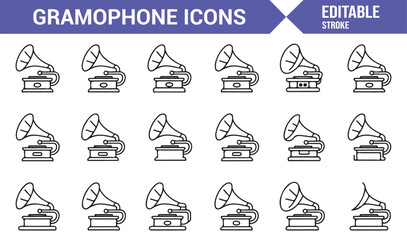 Editable line stroke vector icons of retro gramophones and phonographs