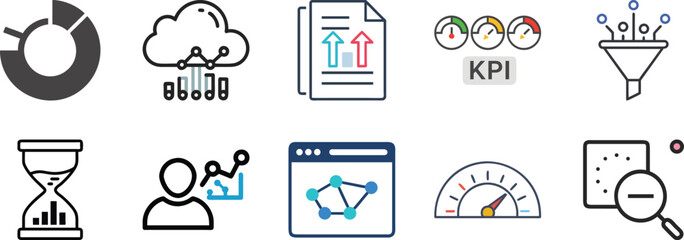 Collection of Data Analytics and Business Intelligence Icons Representing Various Metrics
