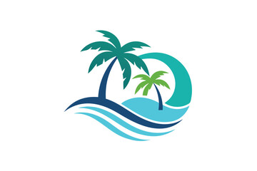 Tropical landscape featuring two stylized palm trees and ocean waves creates a relaxing scene