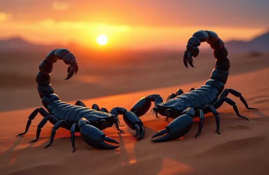 Two large black scorpions rest on orange desert sand dunes. The sun sets in the background casting a warm glow over the arid landscape. These predators prepare for nighttime activity. - Powered by Adobe