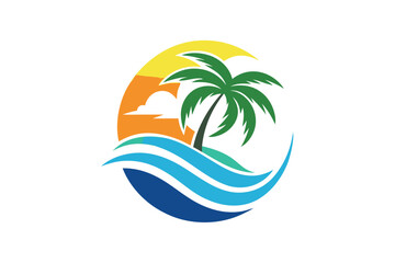 Tropical island with palm tree and waves under the yellow and orange sky