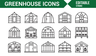 Black line greenhouse icon set for farm structures and horticultural design